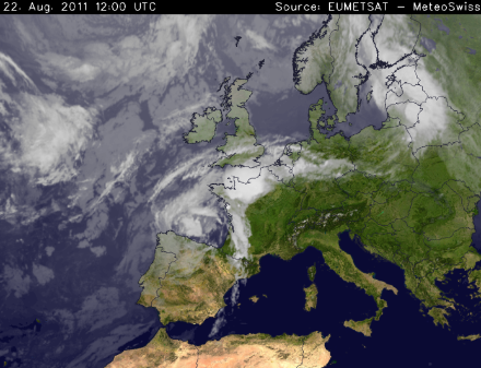 Image satellite de l'Europe montrant la nébulosité sur le nord-ouest de l'Europe.