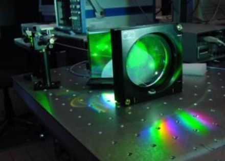 Image d'un faisceau laser et de deux lentilles diffusant une lumière verte