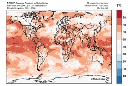 Weltkarte mit farbcodierter Angabe der Vorhersagequalität für die Temperatur (3-Monats-Mittel).