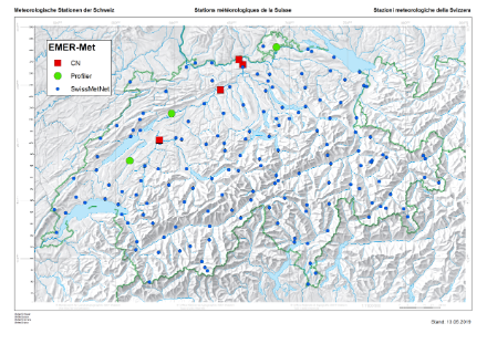 Carte de la Suisse avec les stations de mesure du  EMER-Met sur le Plateau suisse.