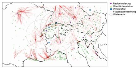 Localisation des observations utilisées dans le cycle d'assimilation.