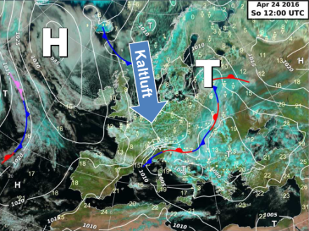 Image satellite d'une situation météorologique typique du mois d'avril avec de l'air froid venant du nord.