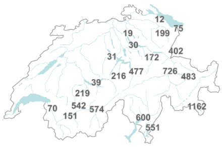 Carte suisse montrant les heures annuelles de fœhn sur les sites de mesures avec un index de fœhn.