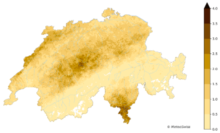 Une carte montre en différentes nuances de brun le nombre moyen de jours avec de la grêle en Suisse. C'est dans le Sud du Tessin, le long des Préalpes et surtout dans la région du Napf et dans l’Arc jurassien Jura que les chutes de grêle sont les plus fréquentes.