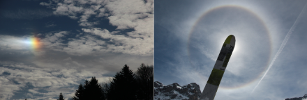 Deux illustrations de halos; la lumière du soleil se réfracte sur des voiles de cirrus.
