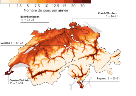 Carte de la Suisse avec code couleur indiquant le nombre de journées tropicales en 2060.