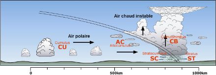 Représentation schématique des nuages de front froid.