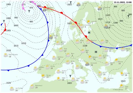 Carte des isobares (traitillés) et des fronts (froids en bleu, chauds en rouge, occlus en rose) prévue le 14 novembre 2022 à 13h locales.