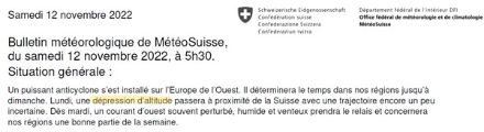 Situation générale du bulletin général mis à jour le samedi 12 novembre 2022 à 5h30, mentionnant la présence d’une goutte froide à proximité de la Suisse pour le 14 novembre.