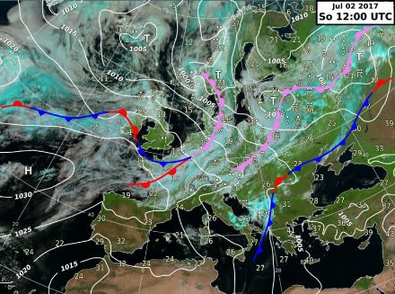  	Image satellite et carte isobarique avec une vaste zone de basse pression sur le nord de l’Europe et un courant de nord-ouest sur les Alpes.