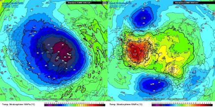 Cartes de température à 10 hPa (~26 km d’altitude) du 1er janvier 2018 et du 15 février 2018 illustrant le vortex polaire stratosphérique concentré et après un réchauffement stratosphérique soudain.