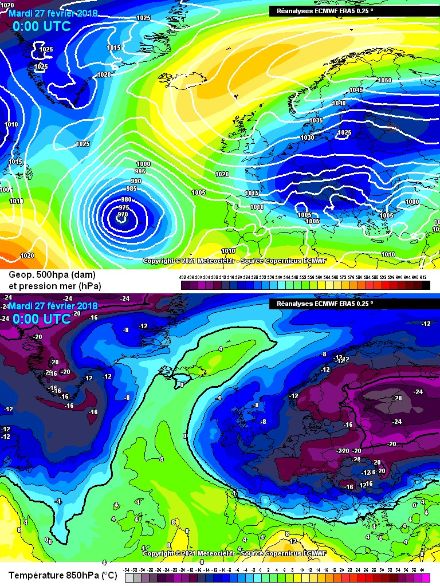 Cartes illustrant les conséquence d’un réchauffement stratosphérique sur la circulation dans la troposphère en Europe avec de l’air très froid entraîné depuis la Sibérie.
