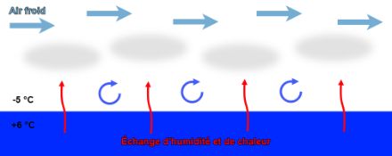 Illustration du processus menant à la formation de brouillard d’évaporation.