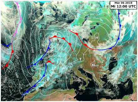  	Image satellite et carte isobarique avec une vaste zone de basse pression sur l’Europe de l’Ouest et un courant de sud-ouest sur les Alpes.