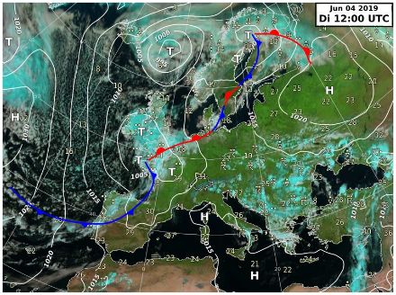  	Image satellite et carte isobarique avec une vaste zone de basse pression sur l’Europe de l’Ouest et un courant de sud-ouest sur les Alpes.