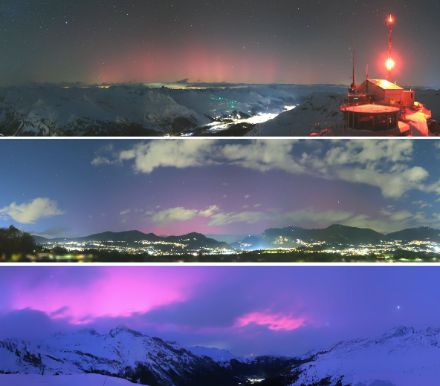 Aurores boréales visibles le 5.11.2023 sur les images des caméras du réseau de mesure de MétéoSuisse. Sous nos latitudes, les aurores boréales ne sont guère visibles à l'œil nu, car les lumières sont trop faibles et la pollution lumineuse souvent trop forte. Sur des images d'appareils photo comme celles-ci, les aurores boréales peuvent toutefois être capturées grâce à un long temps d'exposition. La couleur rouge (explication ci-dessus) est due au fait qu'en raison de la courbure de la Terre, nous ne pouvons voir que les aurores boréales situées à haute altitude au-dessus des pôles depuis nos latitudes, la partie verte située plus bas restant cachée.