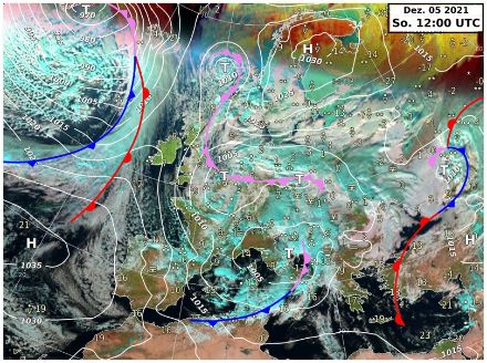 Image satellite et carte isobarique avec une vaste zone de basse pression centrée sur l’Europe.