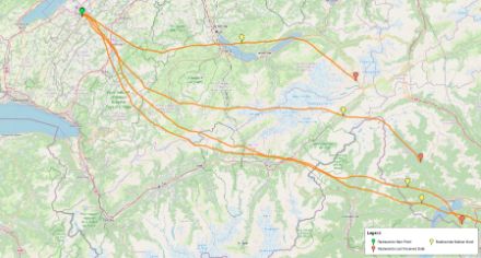 Le portail radiosondy.info fournit en temps réel toutes les informations concernant la trajectoire du ballon-sonde. La carte montre les trajectoires (courbes oranges) des ballon-sonde lancées de la station de Payerne pendant 48 heures entre le 17 et le 19 février 2025. Le long des trajectoires les symboles montrent le point de départ (vert), le point d’éclatement du ballon (jaune) et le point de la dernière donnée transmise sur le GTS par la sonde avant d’atterrir (orange).
