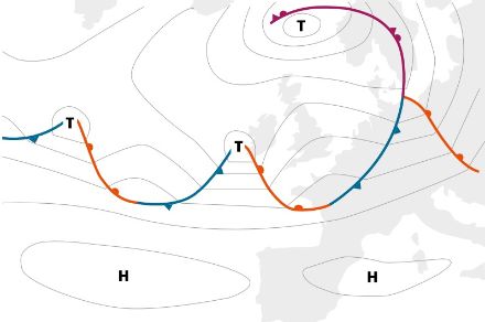 Carte météo simplifiée de l'Europe avec isobares (lignes de même pression atmosphérique) et fronts
