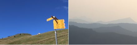 Une image avec un ciel d'un bleu profond au-dessus d'un panneau indicateur et une image avec une atmosphère vaporeuse et chargée de poussière saharienne.