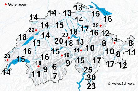 Carte de la Suisse avec des données chiffrées sur la fréquence des orages. Au Tessin, il y a en moyenne 20 à 30 orages par an, en Valais et en Engadine moins de dix.