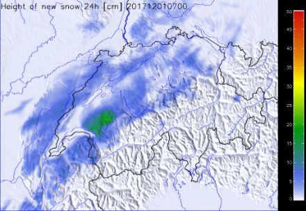Carte des cumuls de neige fraîche (en cm) du 30 novembre 7 h au 1er décembre 2017 7 h.