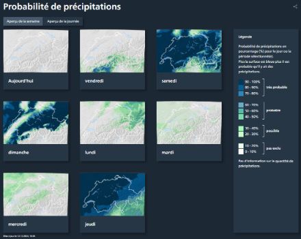  	Petites cartes Suisses avec des informations en couleur sur la probabilité attendue de précipitations 