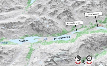 L'illustration montre un extrait de carte de la Haute-Engadine.