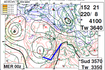 Isohypse 850 hPa en prévision valide mercredi 14 septembre à 0 UTC