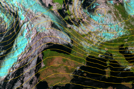 Image satellite montrant les nuages bas (gris), élevés (bleu turquoise) avec les courbes du géopotentiel prévu à 500 hPa par le modèle du centre européen.