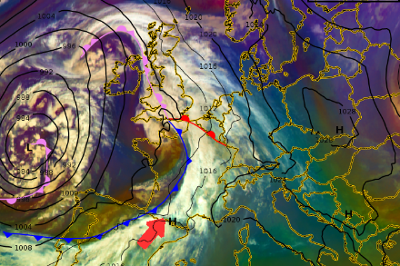 Figure 1 : Image satellite du jeudi 20 octobre à 08 h locale (06 UTC). Les contours noirs représentent la pression réduite au niveau de la mer en hectopascal. Les « L » représentent le centre des dépressions et les « H » ceux des hautes pressions. La ligne bleue triangulée représente le front froid, la rouge le front chaud et la rose le front occlus. Source : Eumetsat et ECMWF.