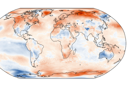 Figure 1. Distribution mondiale de la température en octobre 2022. L’écart (en °C) à la norme 1991-2020 est représenté. Source : Copernicus