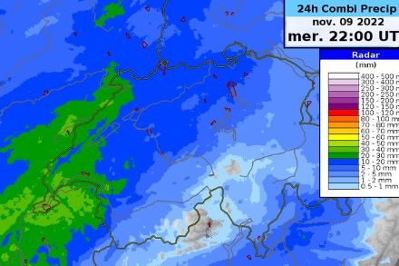 Figure 1 : mesure du cumul de précipitations (en mm) sur 24 h entre mardi 23 h et mercredi 23 h locale. Les données proviennent d'une combinaison de mesures radar et de pluviomètre.