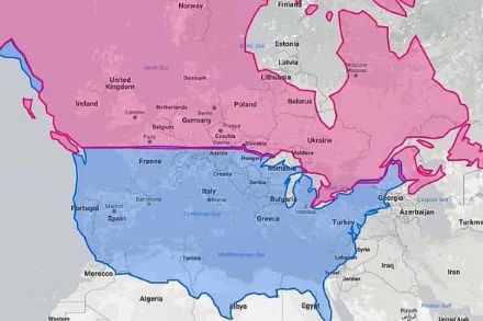 Superposition du continent nord-américain sur le continent européen aux latitudes correspondantes