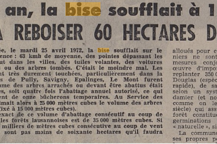 Article de presse paru après la tempête de bise du 15 avril 1972. Source : Feuille d'avis de Lausanne, 26 avril 1973