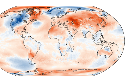 Figure 1. Distribution mondiale de la température en mars 2023. L’écart (en °C) à la norme 1991-2020 est représenté.