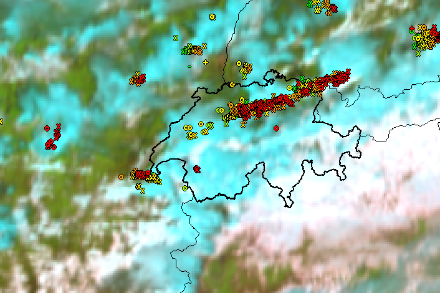 Carte satellite à vendredi 31 mars à 14h de la région alpine (Météorage - METEOSAT).