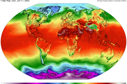 Figure 1 : température de l’air à 2m (en °C), moyenne sur un jour du 11 juin 2023. Source : ClimateReanalyzer.org, modèle GFS