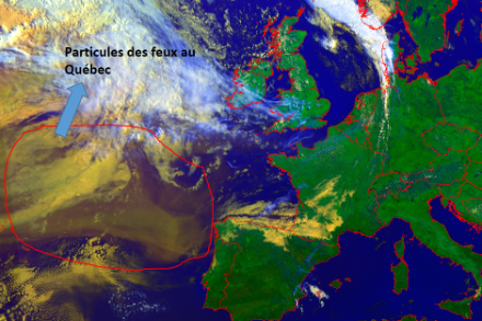 Figure 1 : image satellite ce matin à 07:55 UTC (09:55 heure suisse). Les nuages de poussières des feux de forêts sont visibles au large du Portugal par les couleurs brunâtres. Source : EumetSat.