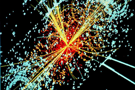 Production du boson de Higgs après la collision de deux protons dans le Large Hadron Collider (LHC) du CERN. L’existence du Boson de Higgs, particule élémentaire, fut postulée en 1964 déjà sur la base d’équations mathématiques. Elle ne fut toutefois prouvée expérimentalement qu’en 2012 grâce au LHC du CERN près de Genève. Source : commons.wikimedia.org
