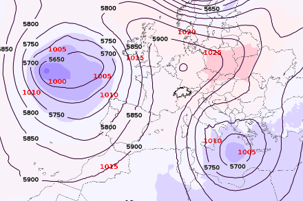 Géopotentiel à 500 hPa (courbes et valeurs noires) et pression au niveau de la mer (plages de couleurs, valeurs en rouge) le 5 septembre à 12UTC. Source : IFS @ECMWF
