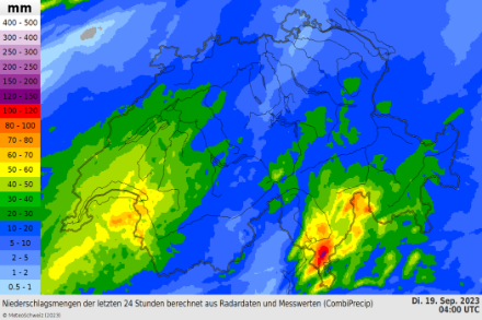 Figure 1: cumuls de précipitations sur 24 h entre lundi 18 septembre à 04 UTC  et mardi 19 septembre à 04 UTC (06h locale). Source : combinaison des données radars et des pluviomètres.