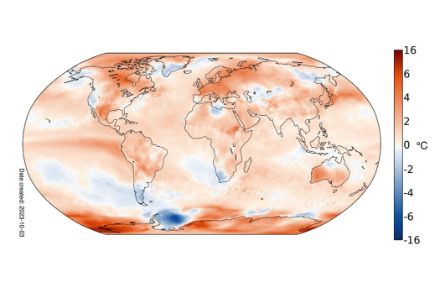 Figure 1. Distribution mondiale de la température en septembre 2023. L’écart (en °C) à la norme 1991-2020 est représenté. Source : Copernicus  