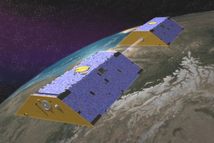 Image d'artiste représentant la mission satellitaire GRACE (Gravity Recovery and Climate Experiment)