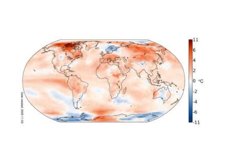 Répartition spatiale de la température mondiale en octobre 2023, représentée par l'écart par rapport à la moyenne 1991-2020 en °C.