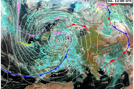 La tempête Ciarán qui a touché le nord-ouest de la France et l’Angleterre le 2 novembre 2023 est un exemple de dépression extratropicale à fort impact. 
