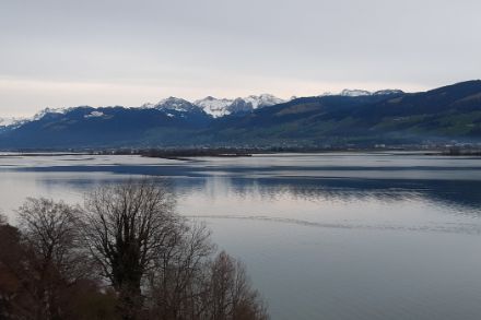 Lac avec Préalpes et Alpes et ciel nuageux.