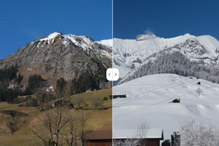 Vue de la webcam de Château-d’Oex à gauche le 3 février 2024 et à droite le 3 décembre 2023. Source : MétéoSuisse, Roundshot.