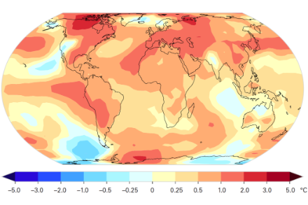 Carte montrant les anomalies de la moyenne annuelle de la température de surface pour 2023 (différence par rapport à la moyenne 1991-2020)