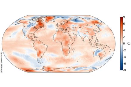 Distribution mondiale de la température en mars 2024. L’écart (en °C) à la norme 1991-2020 est représenté.